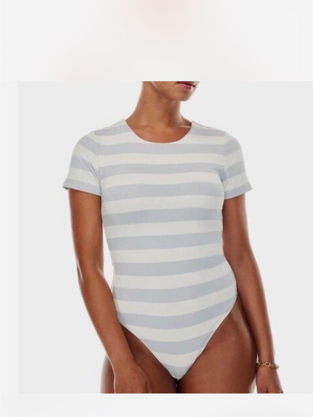 Aritzia Babaton Bodysuit S Blue White Striped Short Sleeve Scoop Neck 94828